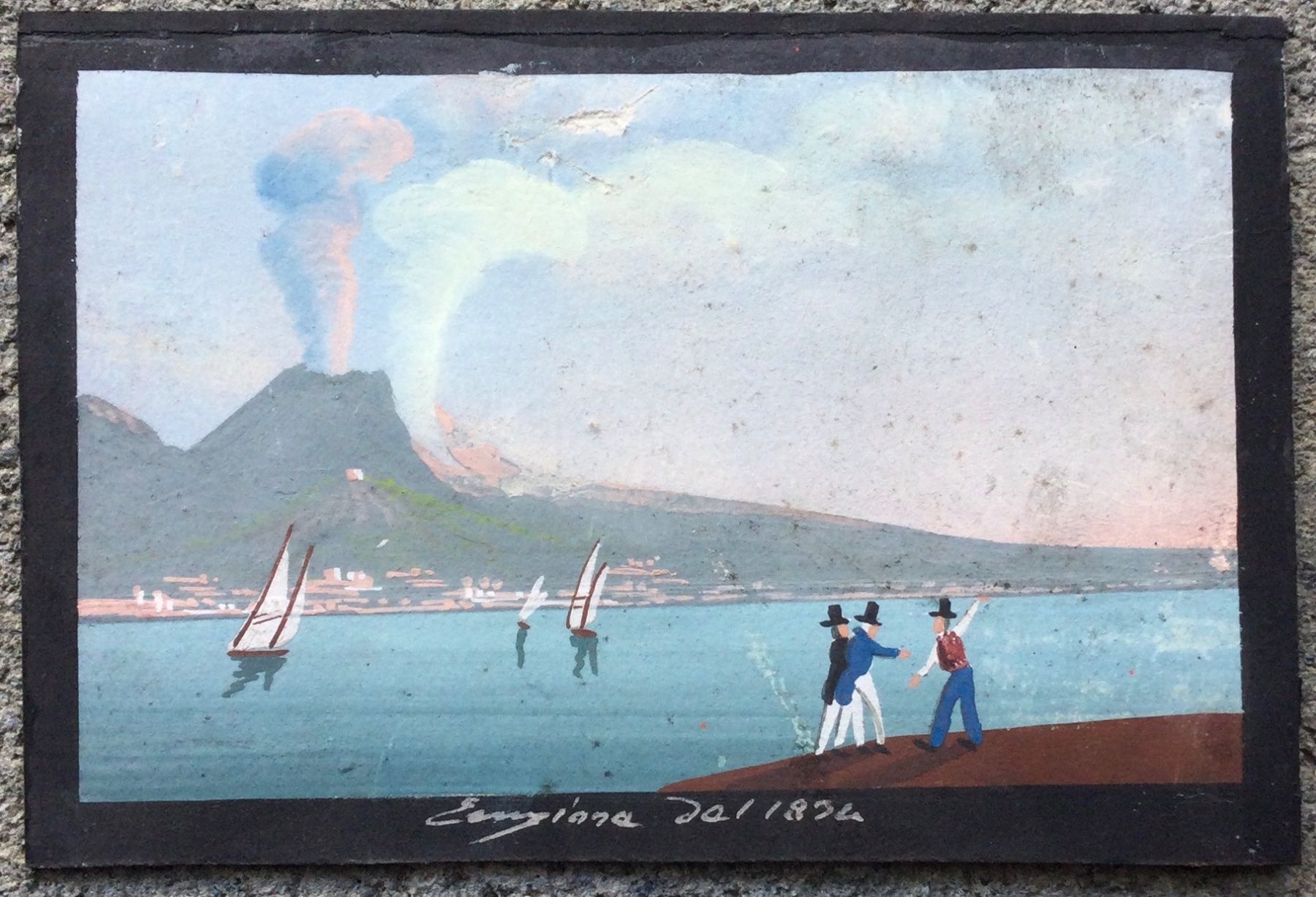 Gemälde: Antike Napoli Vulkan Gouache Gemälde – Gebraucht aus Root von