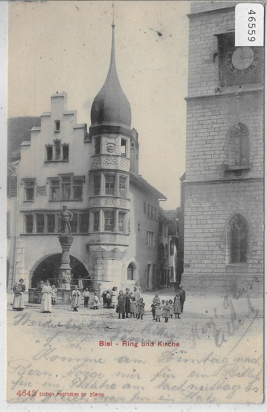 Cartoline postali: Biel - Ring und Kirche - animee – Usato da Ettingen venduto da Kartenplanet