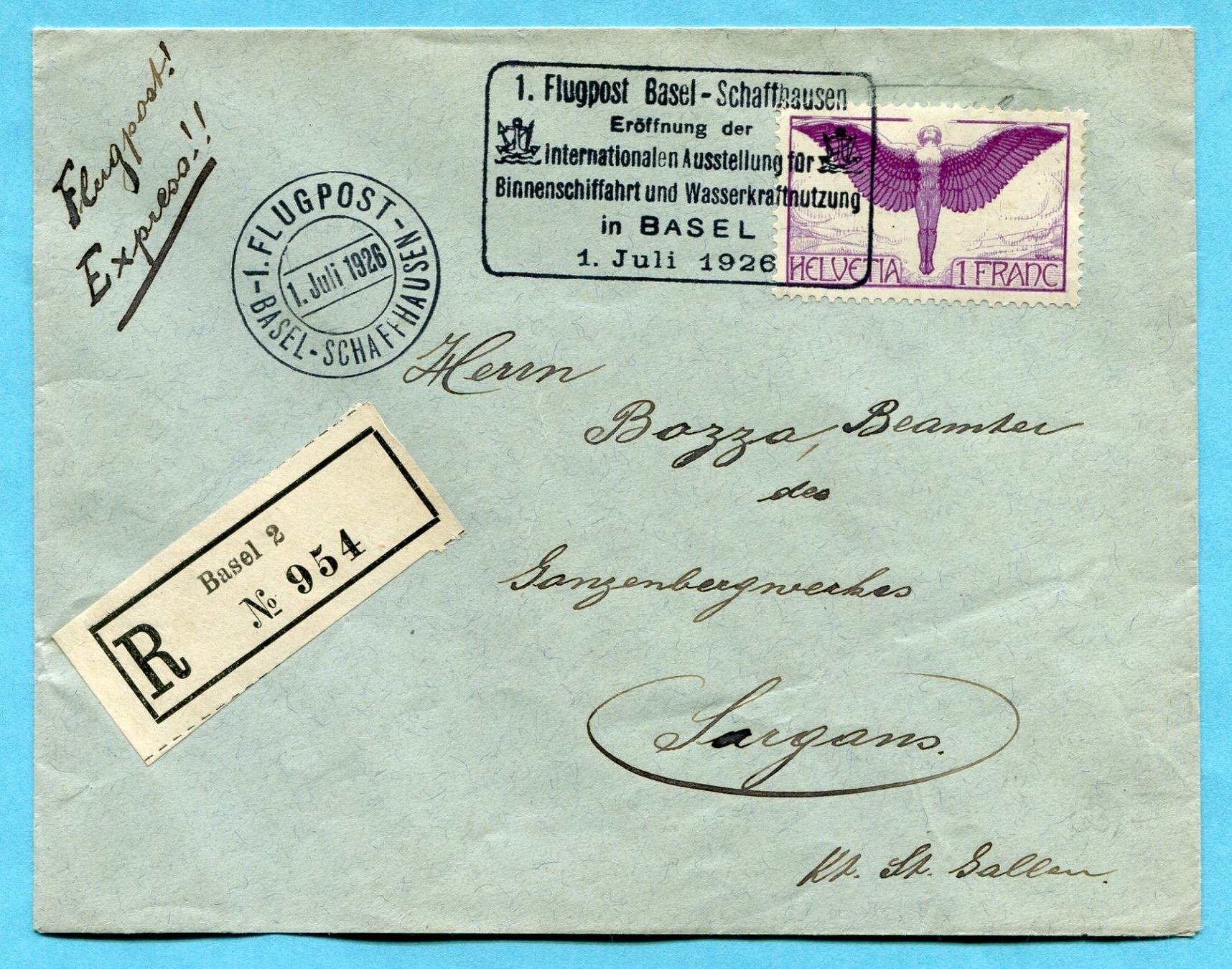 Tutti i francobolli: Flugpostbrief Basel - Schaffhausen 1926 – Usato da Opfikon venduto da Prophila