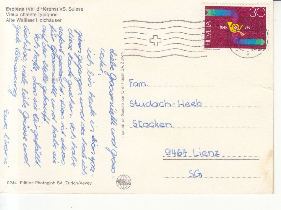Ansichtskarten: Evolène 1975 – Gebraucht aus Bürglen TG von StampGraf 1