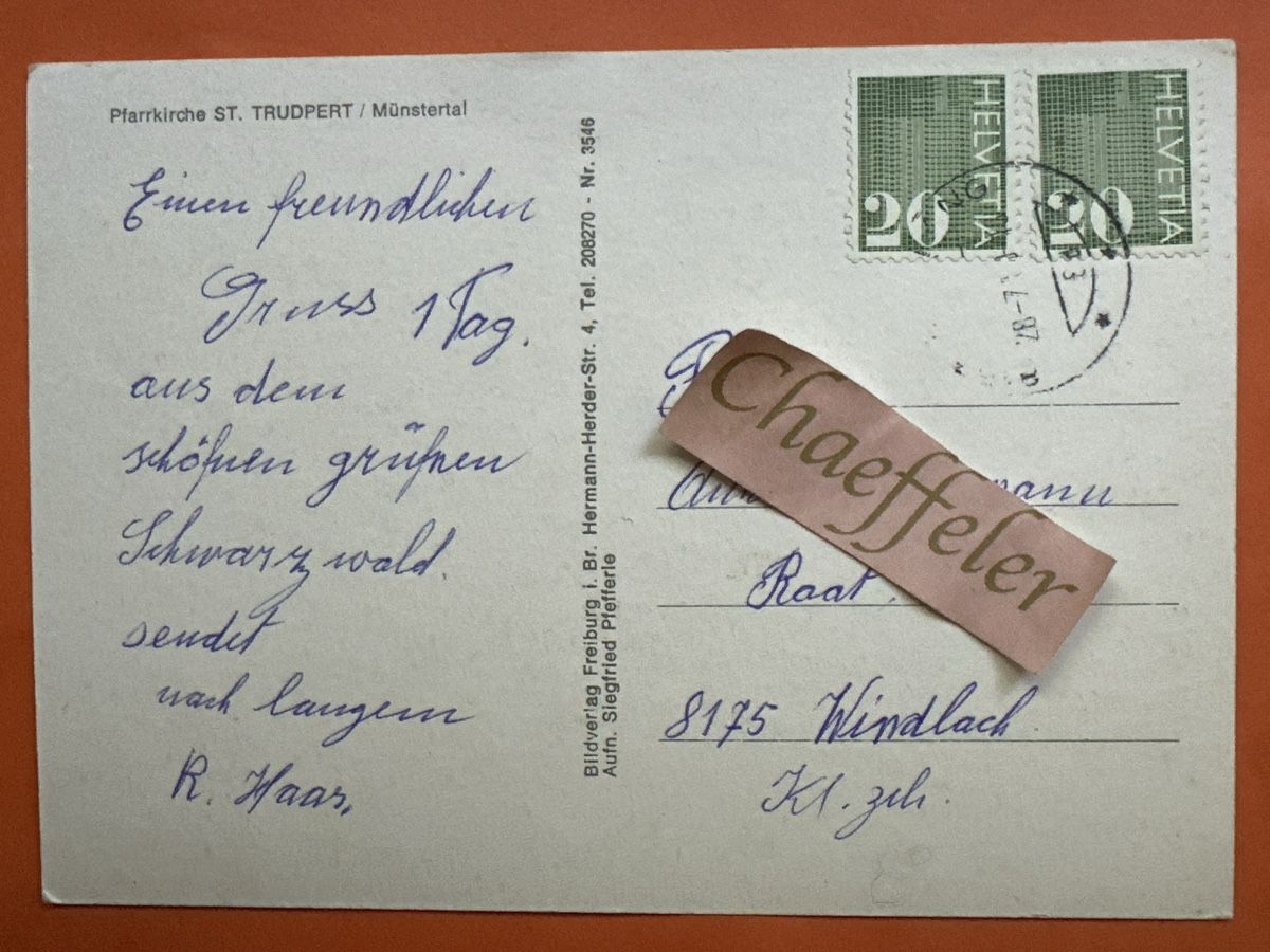 Ansichtskarten: Pfarrkirche St. Trudpert Münstertal Schwarzwald  – Gebraucht aus Zürich von Chaeffeler 1