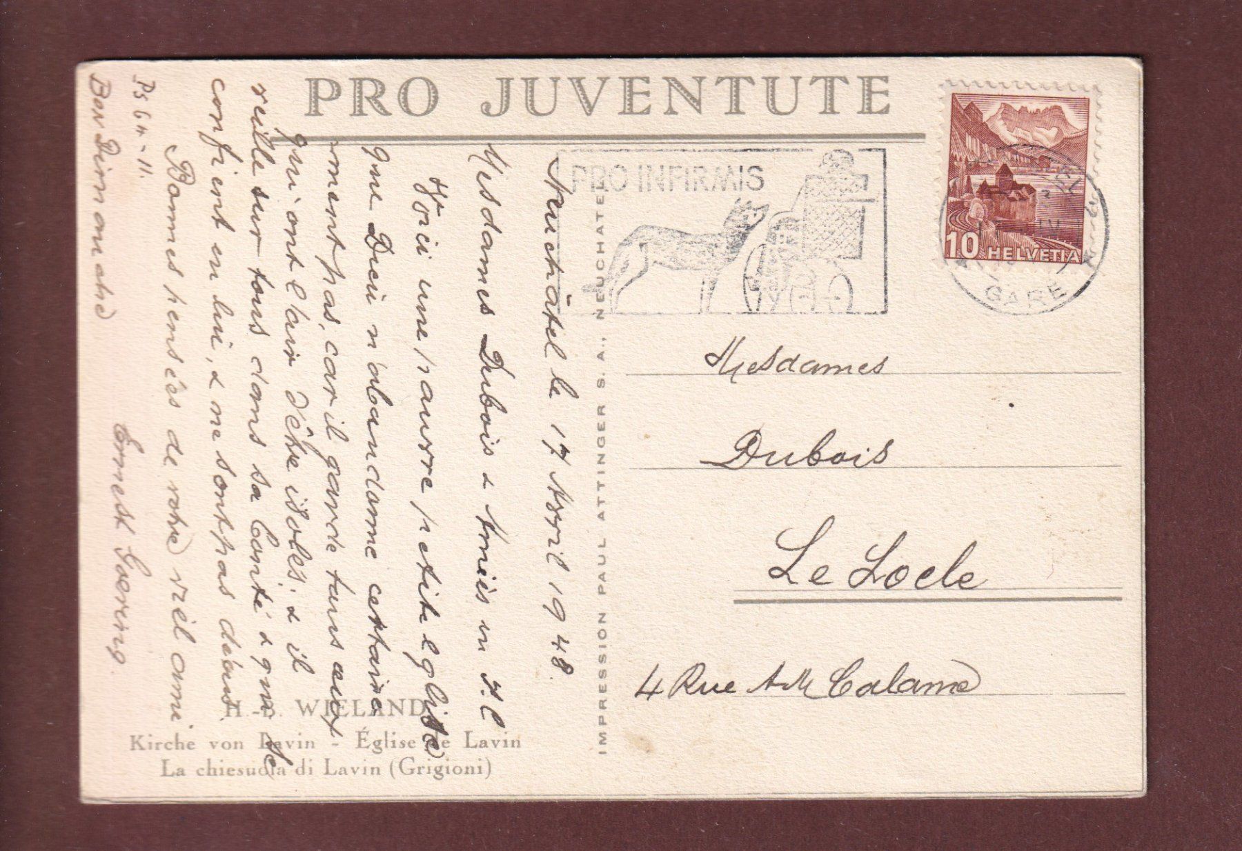 Cartoline postali: PRO JUVENTUTE - LAVIN - Kirche - 1948 – Usato da Pully venduto da nicecards 1