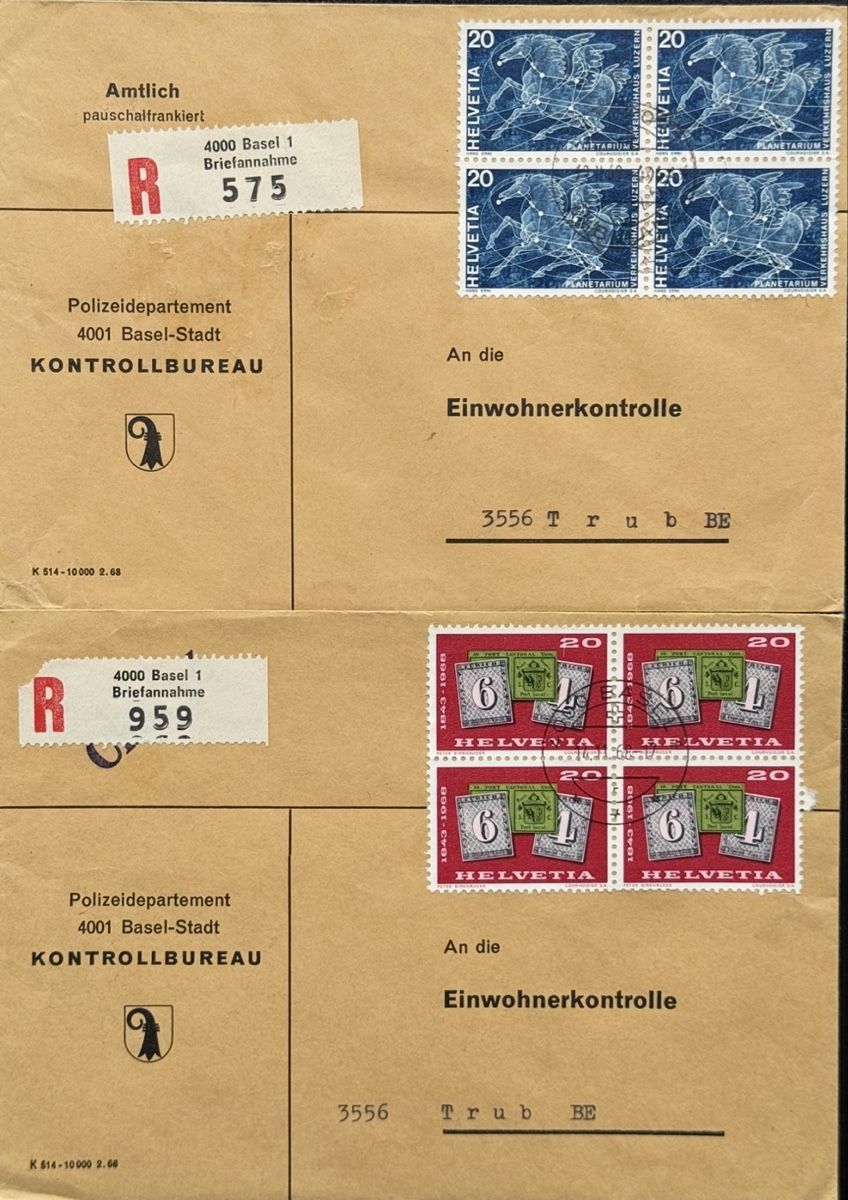 Tutti i francobolli: Schweiz Basel Polizei 2 R-Briefe mit 4er-Blocks – Usato da birsfelden venduto da tim0444
