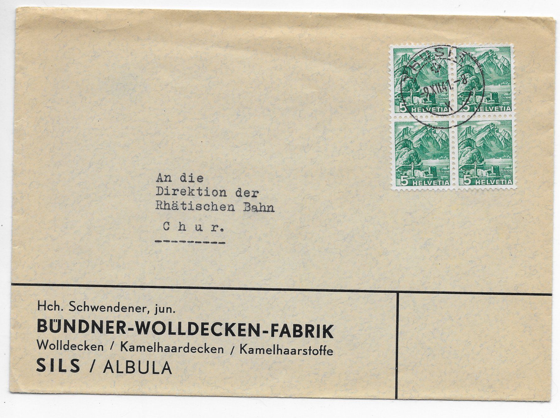 Tous les timbres: Brief, Bündner-Wolldecken-Fabrik Sils/Albula – D'occasion à Hefenhofen par Richsalz