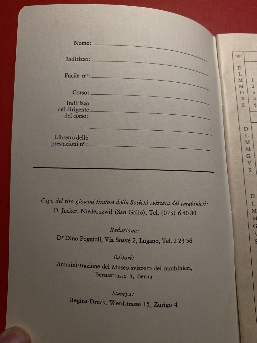 Schweizer Armee Armi bianche: Libretto Giovane Tiratore 1957 – Usato da Bosco Luganese venduto da KukiKuki 2
