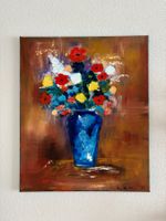 Blumen in blauer Vase, signiert, Ölgemälde