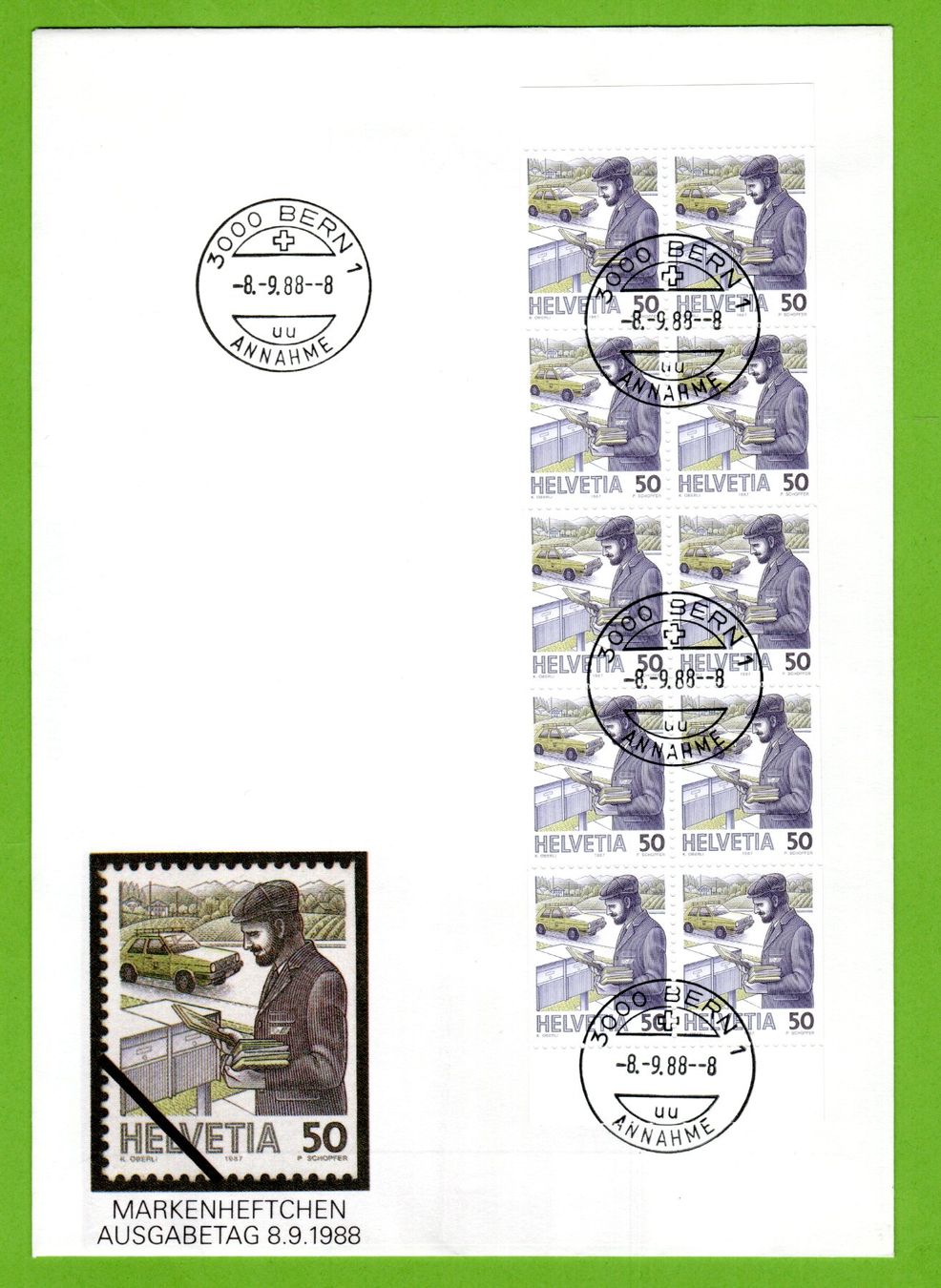 Tutti i francobolli: 1988 FDC Postbote Heftchenblatt SBK 75.- – Usato da Stein am Rhein venduto da Huehnerhund