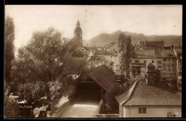 AK Olten, Ortsansicht mit gedeckter Brücke und Kirchturm