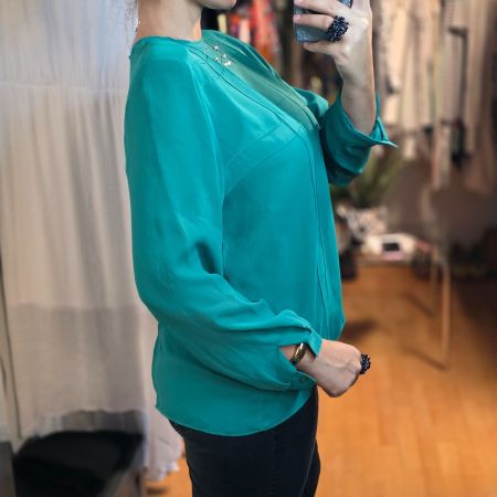 Damen Vintage Bluse Gr. M Grün Schulterpolster Elegant