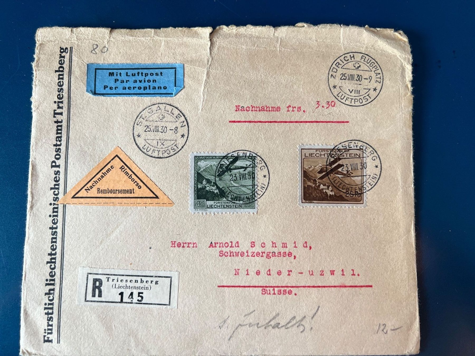 Tutti i francobolli: Luftpost, Brief, 1930, Triesenberg-Schweiz – Usato da Oberhasli venduto da Sicurezza
