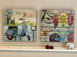 2 Bilder Pop Art Kunst, Retro Vespa Velo Beach Wandbilder