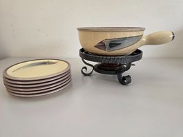 Vintage Käsefondue-Set Keramik Landert - 6 Teller - Rechaud