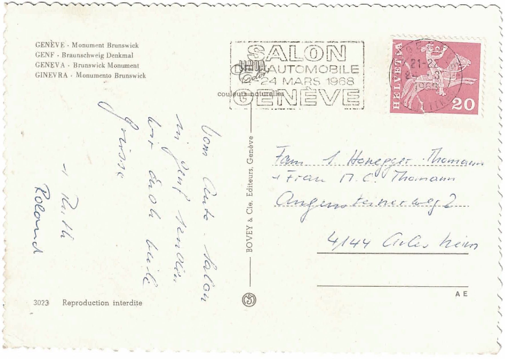 Cartoline postali: GENF - Monument Brunswick ca. 1965 – Usato da Oberdorf BL venduto da Hopfehuepfer 1