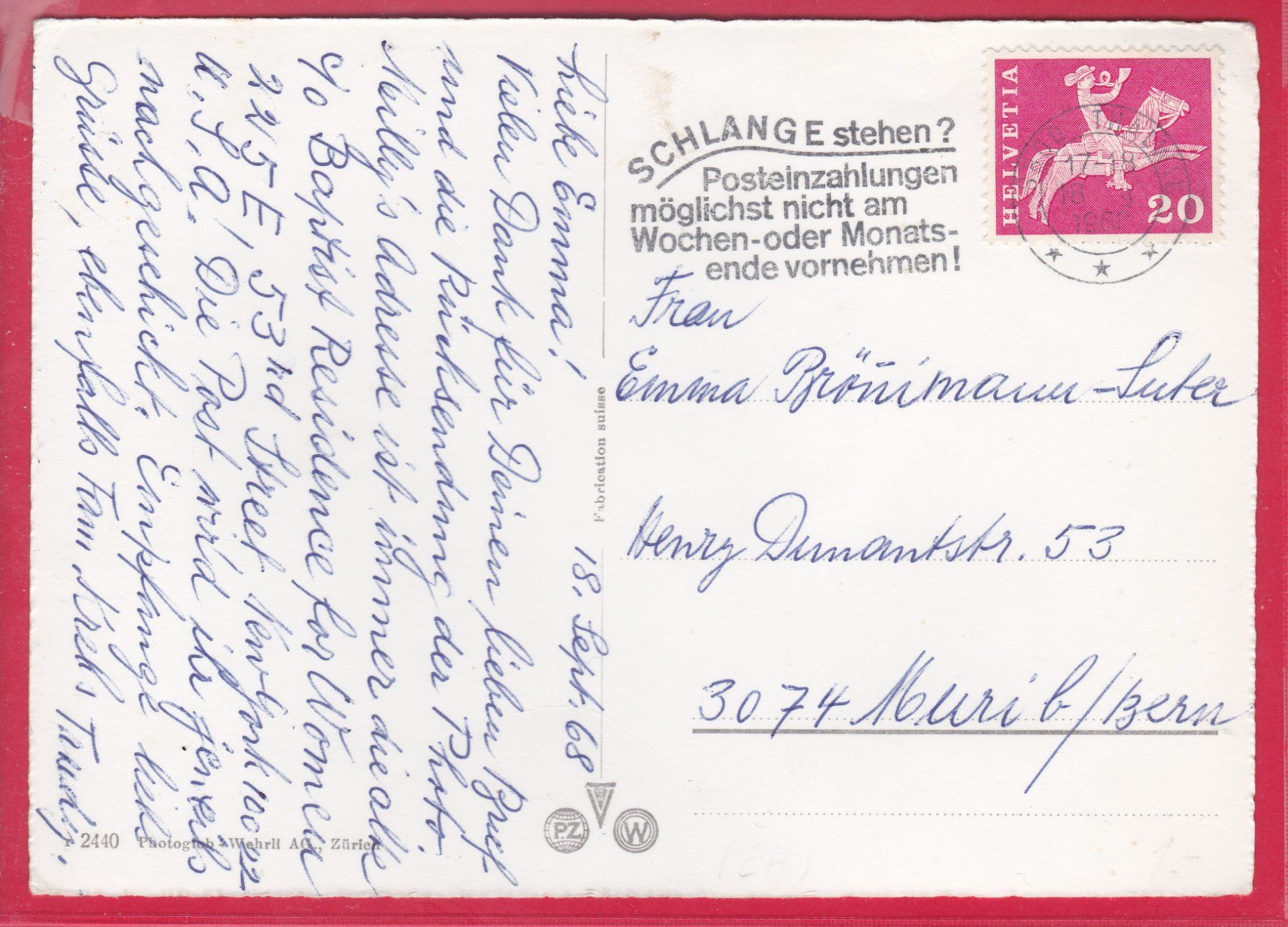 Ansichtskarten: THALWIL, 18.9.1968 – Gebraucht aus Oberrieden von Gebirgsstelze 1