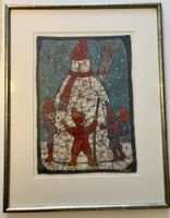 Stoffbild gerahmt, Schneemann, Sign. "Verena"