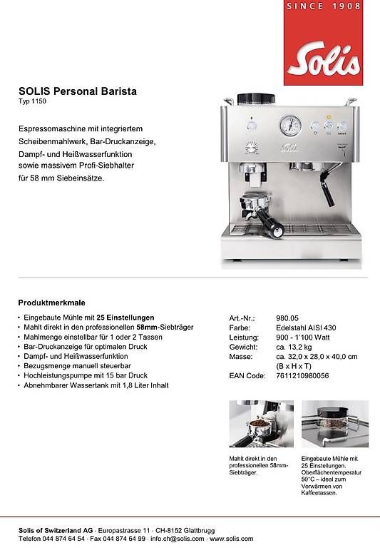 Solis Macchine per caffè & Macchine per espresso: Solis Personal Barista (Typ 1150) – Usato da Bern venduto da Zentro 1