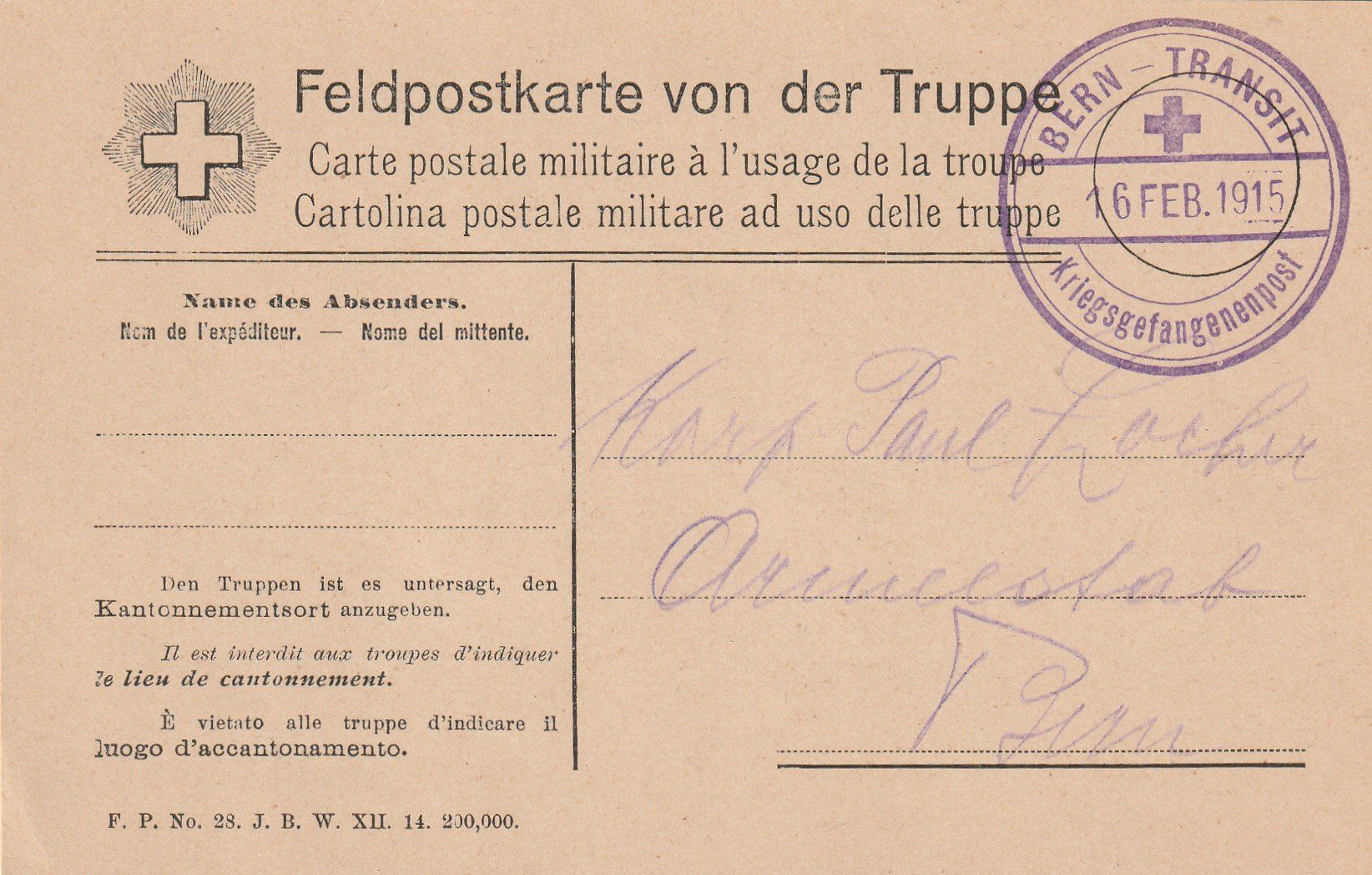 Tutti i francobolli: Stempel Kriegsgefangenenpost Bern Transit – Usato da Rorschacherberg venduto da fratovi2