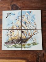 Alte Fliesen mit Segelschiff, 4 Stück, maritime Deko