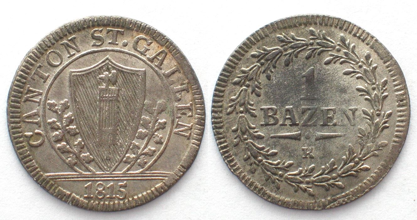 Tutti le monete: ST. GALLEN Kanton 1 Batzen 1815 Billon – Usato da Riehen venduto da sesambestcoins2004