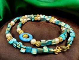 Unikat 💎 Türkise Perlmuttkette mit Vintage-Perlen, 18K