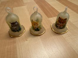 Drei Sammlerglocken, Glasglocken, Katzenmotiv, Vintage!