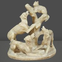 🐕🐕🐕🐈 Jagdszene Skulptur – Hunde & Katze ✨