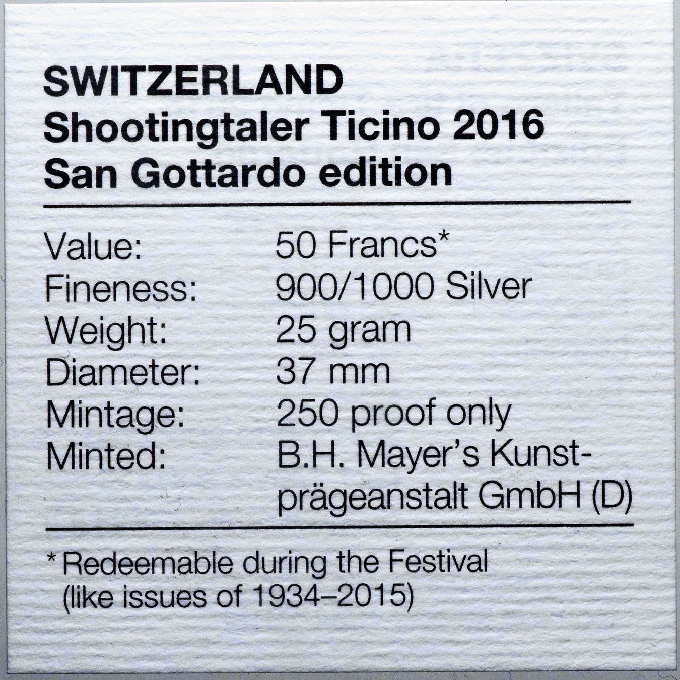 Tutti le monete: 50 Franken 2016, Tiro cantonale Ticinese / San Gottardo – Usato da Lugano venduto da Numisartes 3