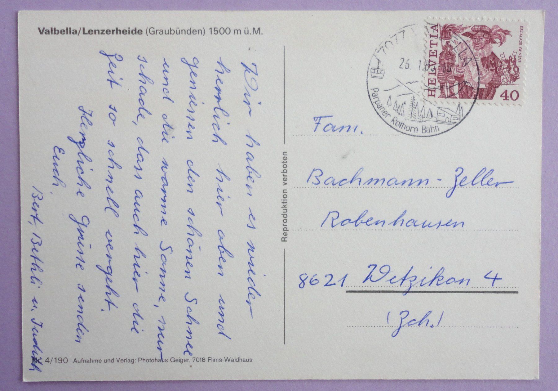 Ansichtskarten: Valbella/Lenzerheide 1500 m ü.M. – Gebraucht aus Fétigny von Billy2miny 1