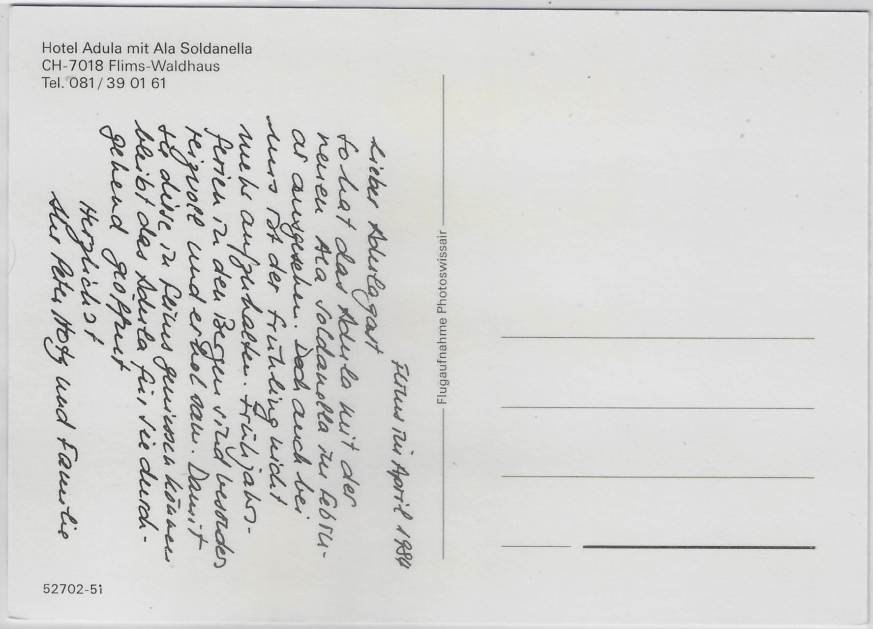 Cartoline postali: Flugaufnahme Hotel Adula mit Ala – Antico da Ettingen venduto da Kartenplanet 1
