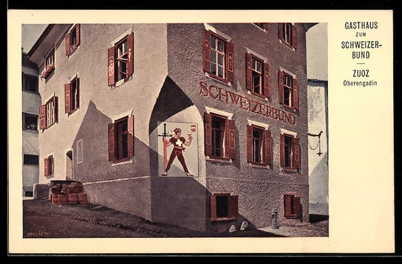 Cartoline postali: Zuoz /Oberengadin, Gasthaus zum Schweize – Usato da Berlin venduto da bartko-reher