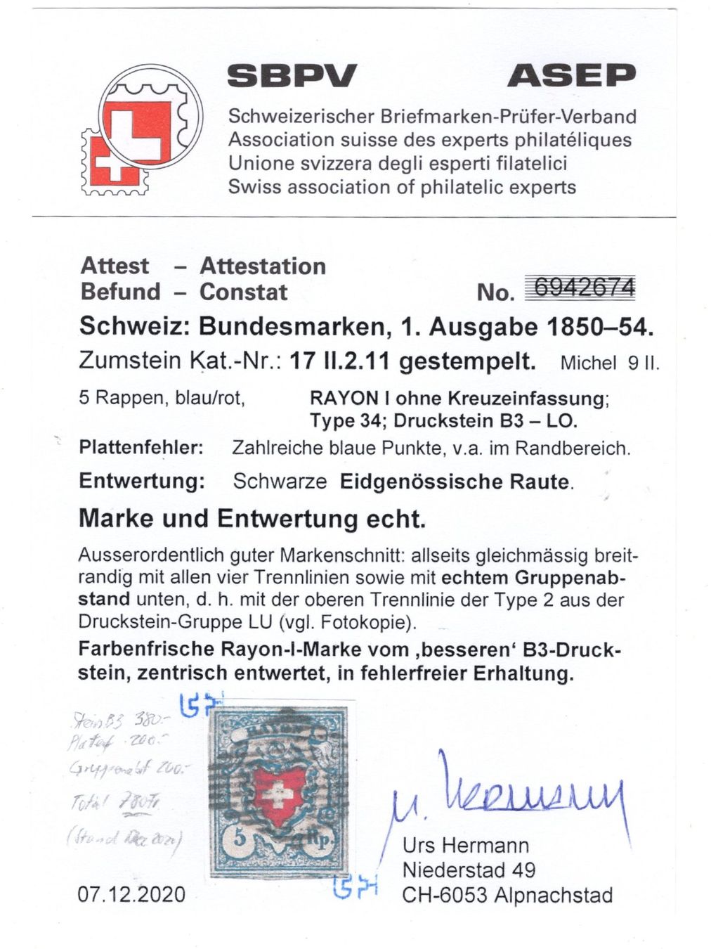 Tutti i francobolli: RAYON STEIN B3 mit PF 2.11., Kat. 780Franken – Usato da Uesslingen venduto da WHALESTAMPS 2