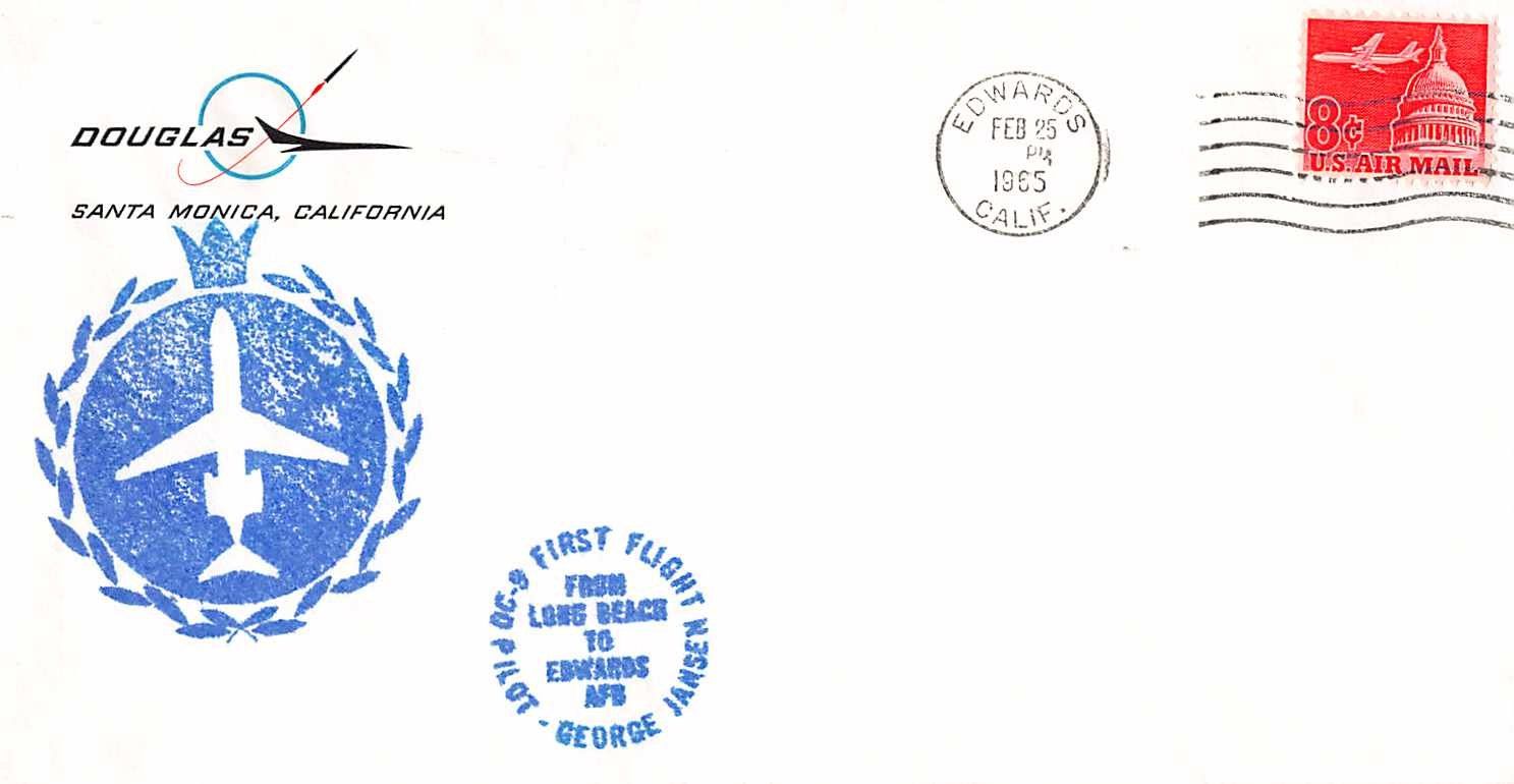 Alle Briefmarken: MAIDEN FLIGHT DC-9, Edwards Air Base 25.2.1965 mit BRIEF – Gebraucht aus Lufingen von philatelieshop