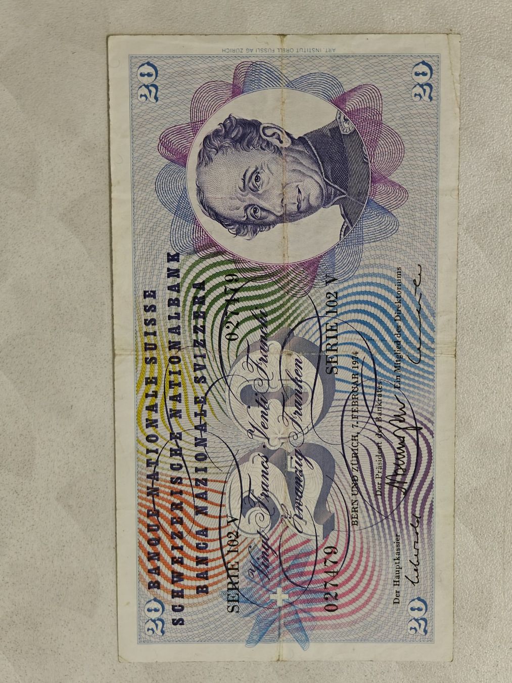 Banknoten: Alte Zwanzigfranken Note 1974 – Gebraucht aus Bad Zurzach von Agia