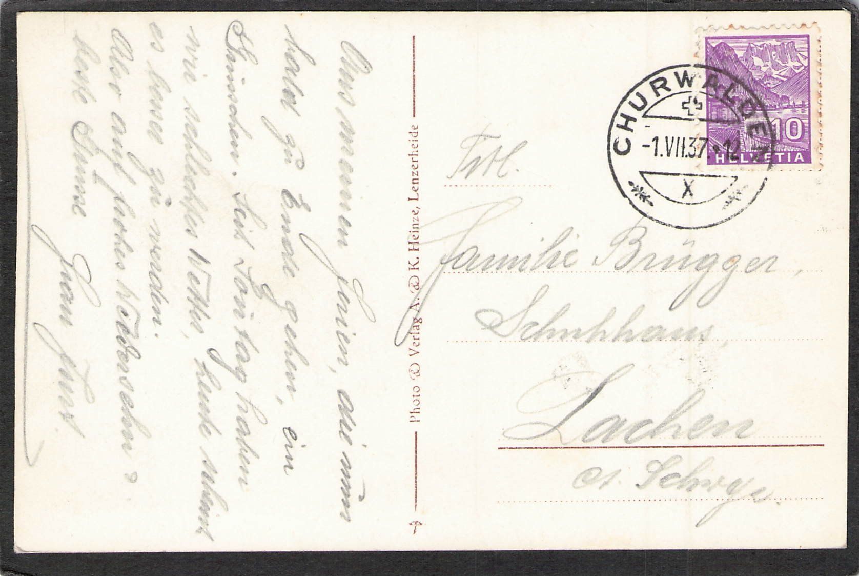 Ansichtskarten: ^Churwalden GR , gel. 1937 – Gebraucht aus Reichenburg von Pipo-67 1