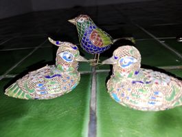 Vintage Cloisonné Figuren, Enten und Vogel,