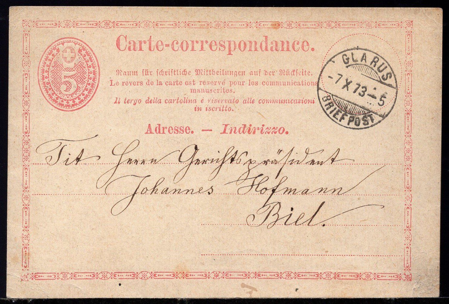 Tutti i francobolli: GLARUS 7.X.73  Postkarte – Usato da Aarau venduto da kufi44