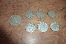 7 Münzen,Silber,5 & 2 Schweizer Franken, ab 1920