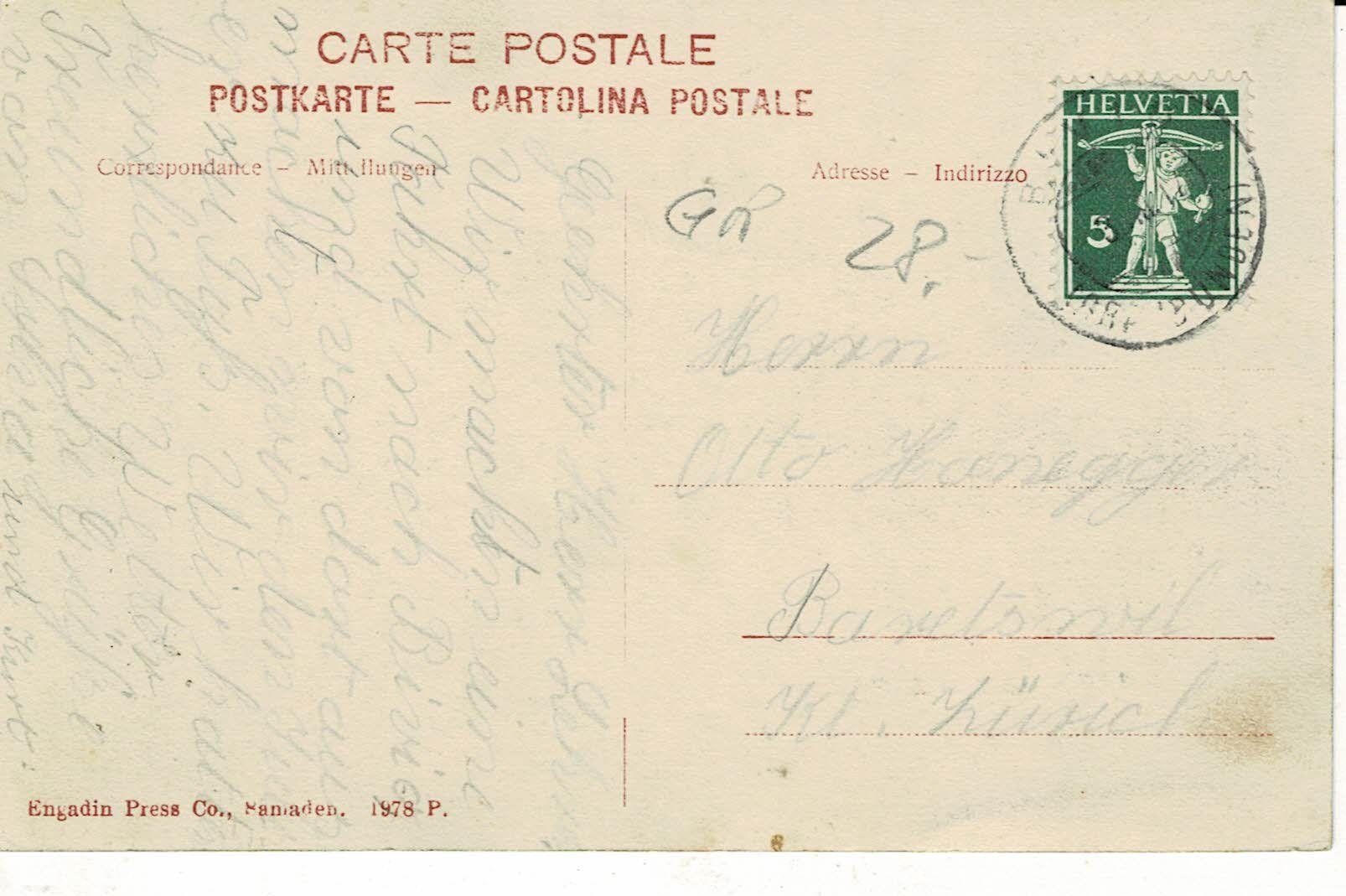Ansichtskarten: BIVIO mit Hotel Post GR gel. 1916? – Gebraucht aus Hergiswil NW von Kartenfrau 1