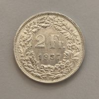2 Franken Münze 1957 Silber guter Zustand