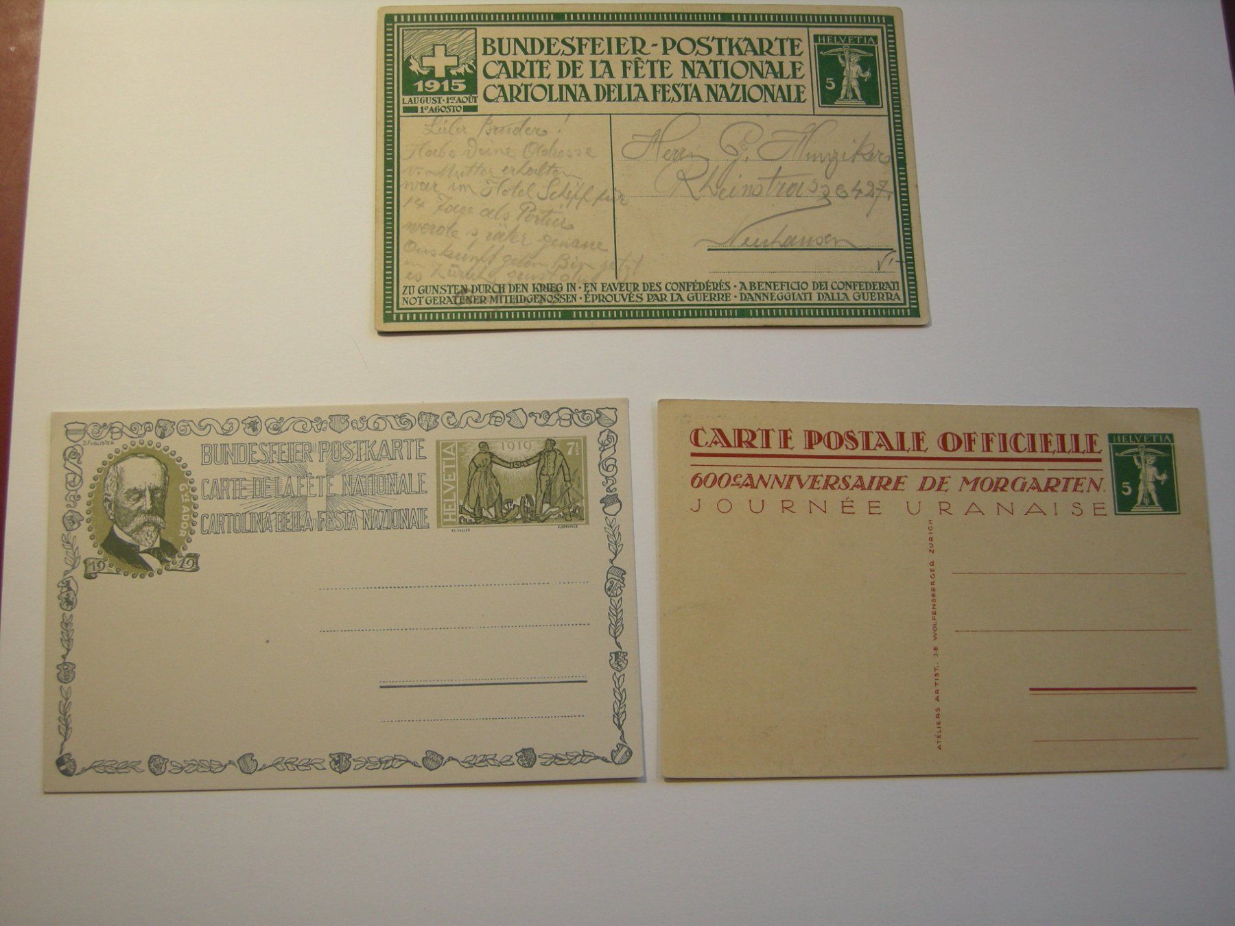 Ansichtskarten: 5 POSTKARTEN, BUNDESFEIER 1915, URNERTAG, MORGARTEN, ect. – Gebraucht aus Eschenbach SG von eDaisy 3