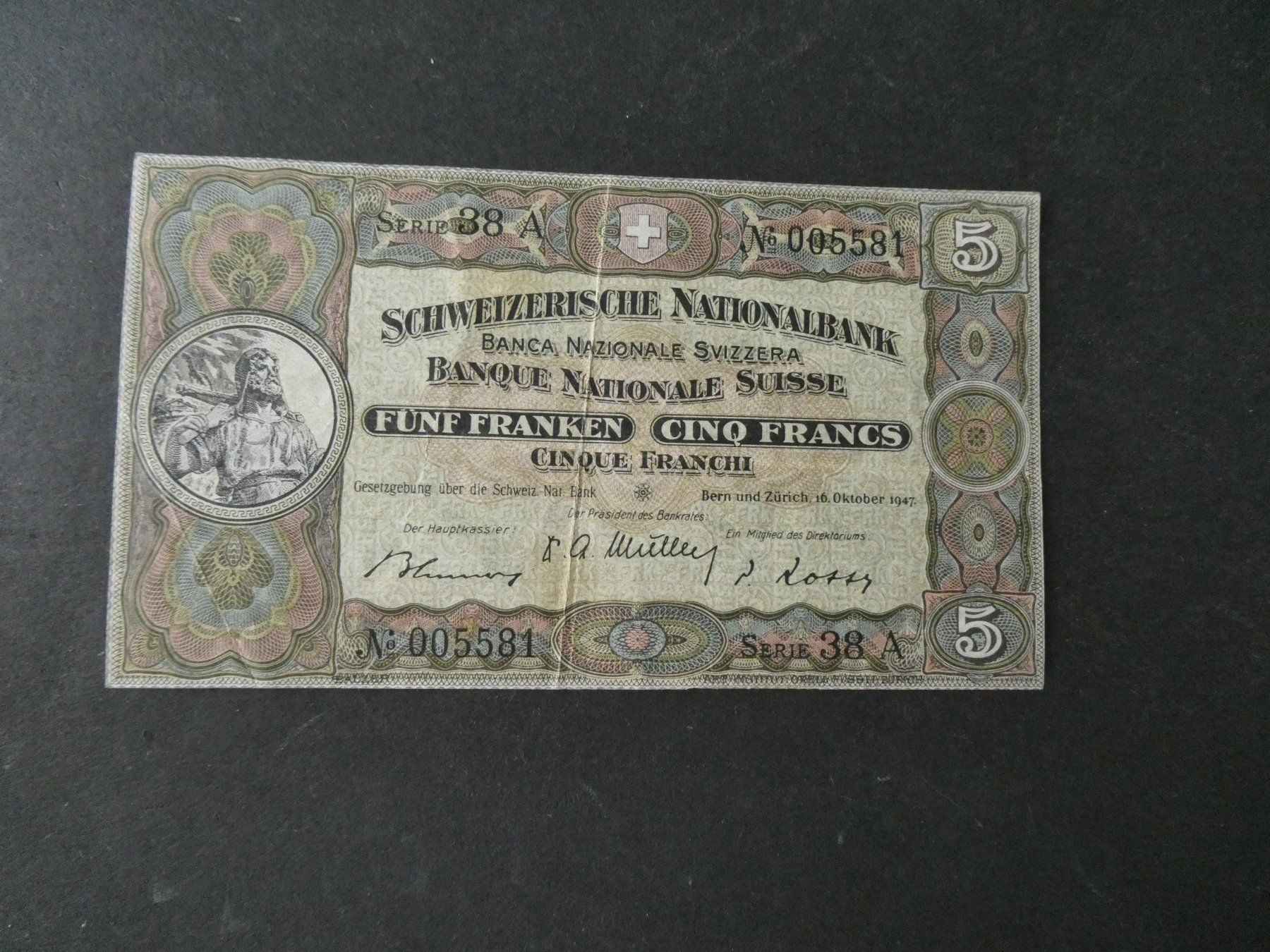 Banknoten: Schweiz 1947,  5 Franken – Gebraucht aus Hinterforst von Rohusri