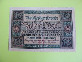 Banknote 10 Mark 1920, Reichsbanknote, gebrauchter Zustand