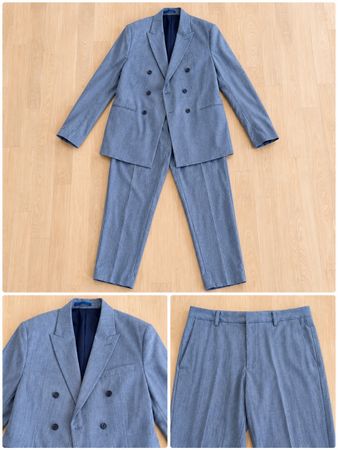 Herren Doppelreiher Anzug Grau-Blau – Grösse L/XL 