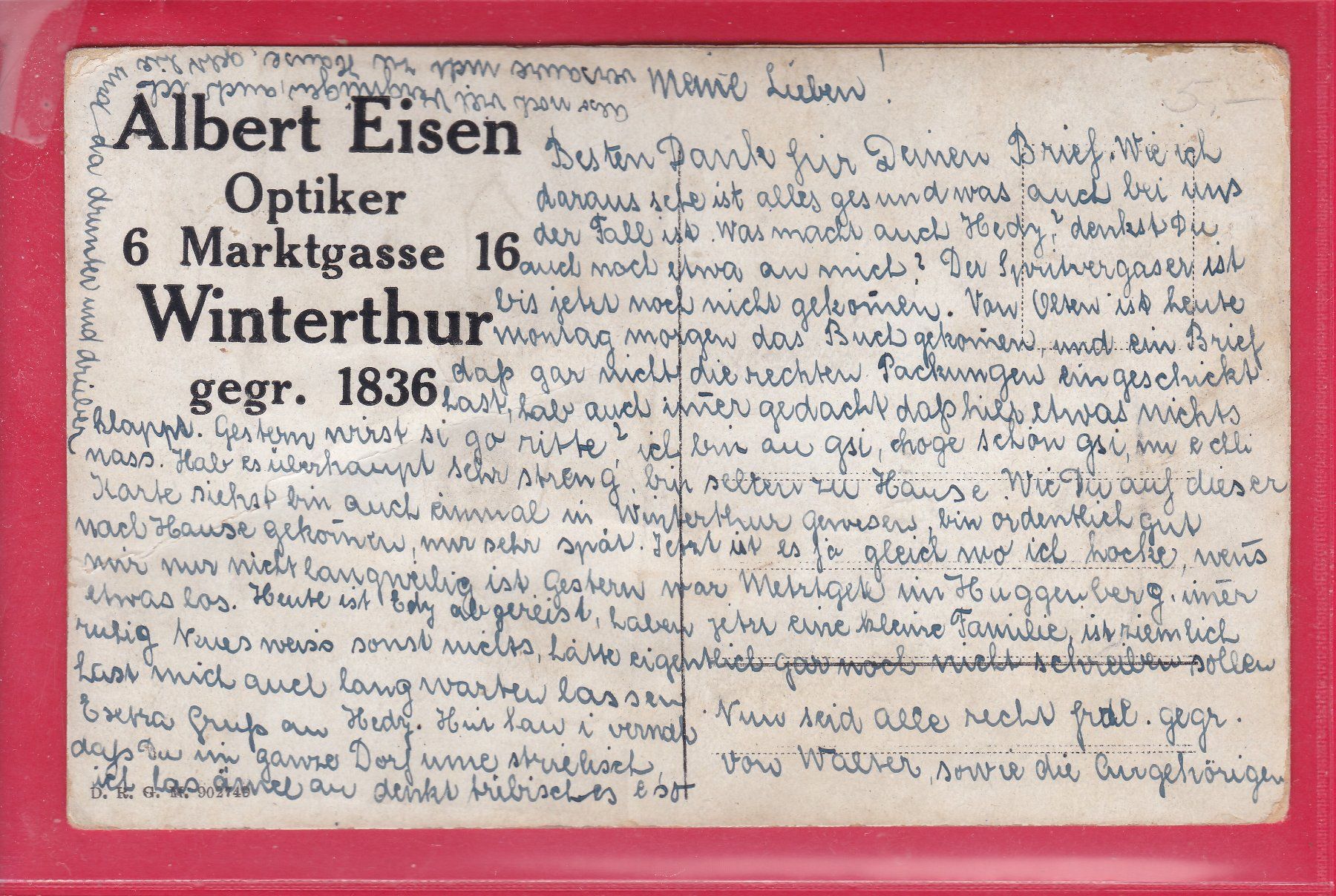 Cartoline postali: WERBEKARTE, ALBERT EISEN, OPTIKER, WINTERTHUR – Usato da Oberrieden venduto da Gebirgsstelze 1