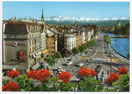 ZÜRICH Central und Limmatquai mit den Alpen, Tram, Auto