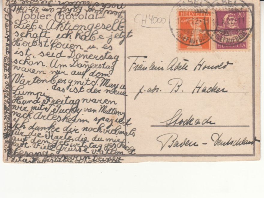 Ansichtskarten: Tobler Chocolat 1922 – Gebraucht aus Bürglen TG von StampGraf 1
