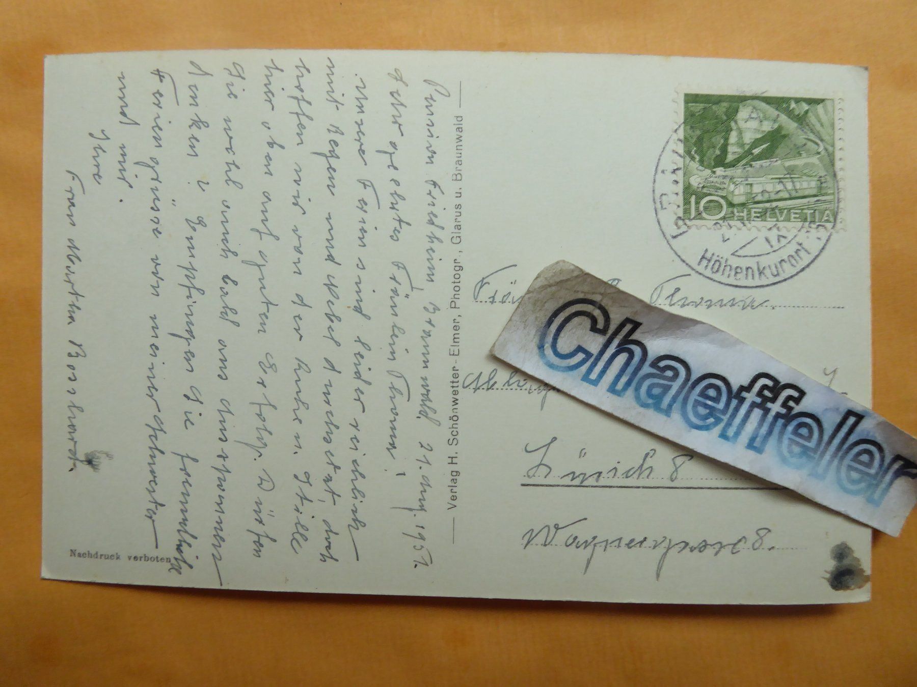 Cartoline postali: 1606 Braunwaldalp mit Eggstock  1952 – Usato da Zürich venduto da Chaeffeler 1