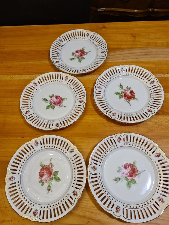 5 Porzellan Teller mit Rosen durchbrochener Rand Schuhmann (Gebraucht ...