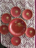 Vintageservice, 1 Schale, 6 kleiner Teller, rot gold Mittert