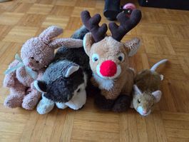 4 Plüschtiere; Husky, Hase, Ratte, Rentier